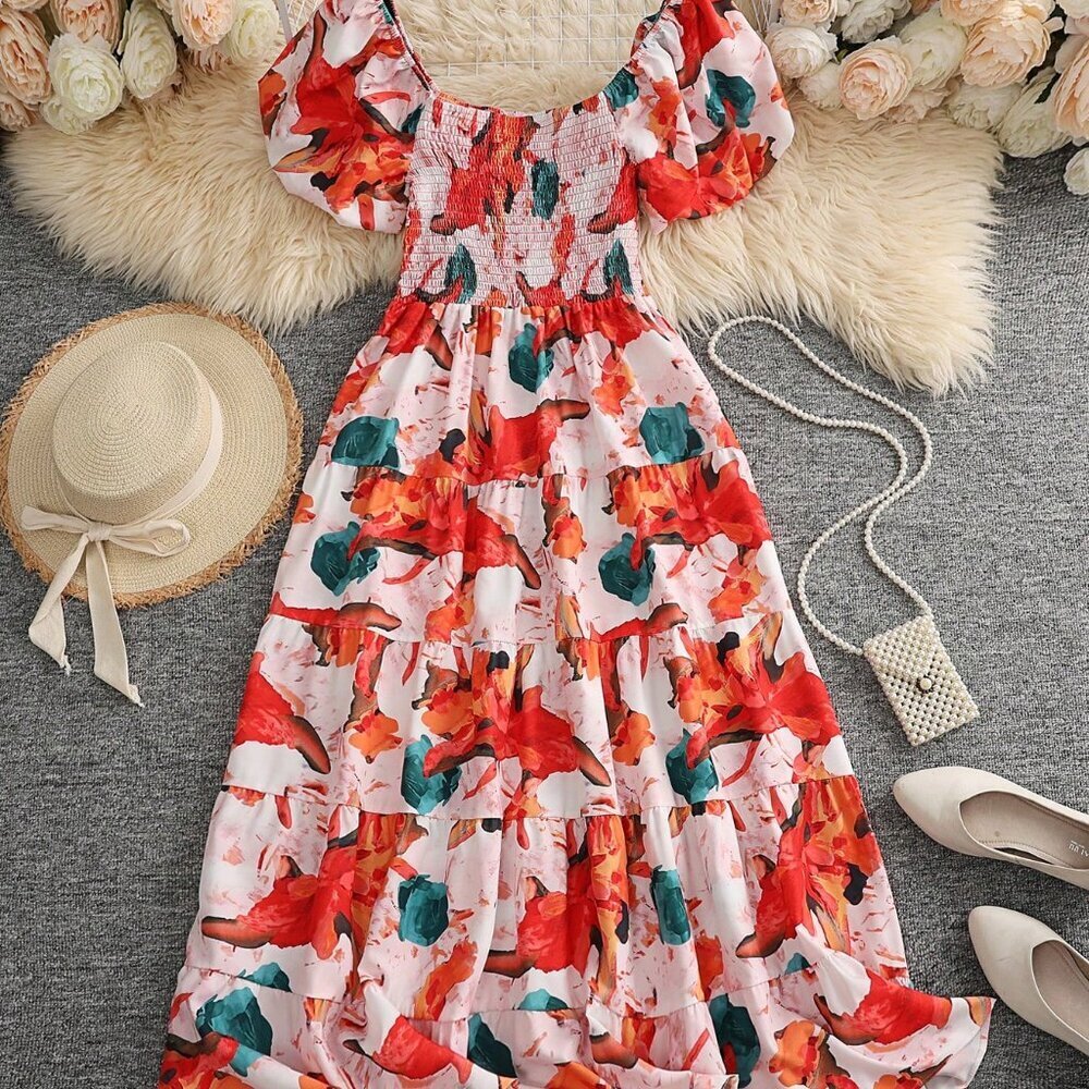 Red Casual Women's Off Shoulder Puff Sleeve Floral Print Dress - Picture 4 of 5